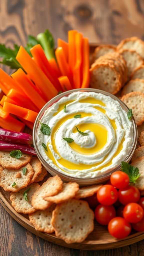 Whipped Feta Cheese Spread A bowl of whipped feta cheese spread with olive oil and herbs, surrounded by fresh vegetables and crackers.